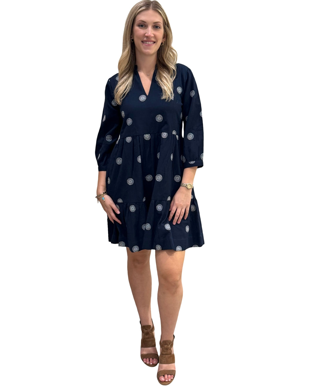 The Preston Navy White Embroidered Cotton Dress — view 3
