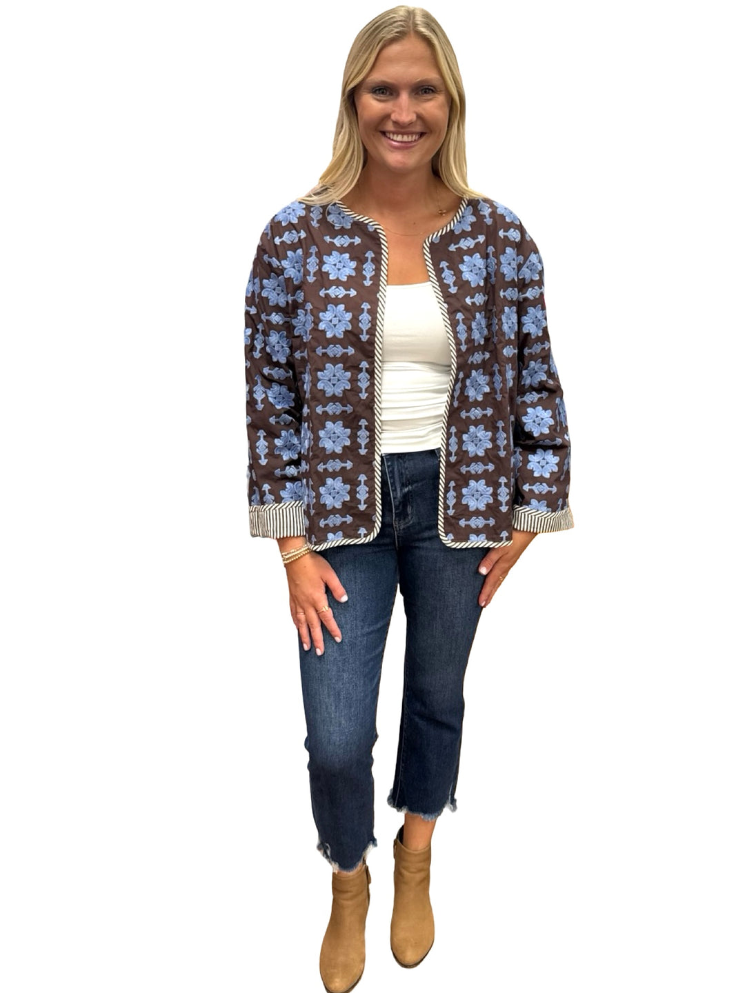 The Nellie Reversible Applique Jacket in Brown and Periwinkle Blue