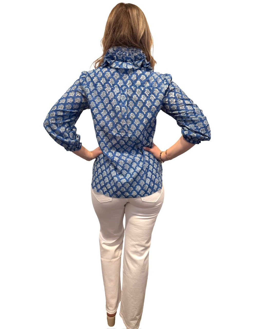 The Maria Ruffle Neck Blouse in Blue and Mint Floral — view 6
