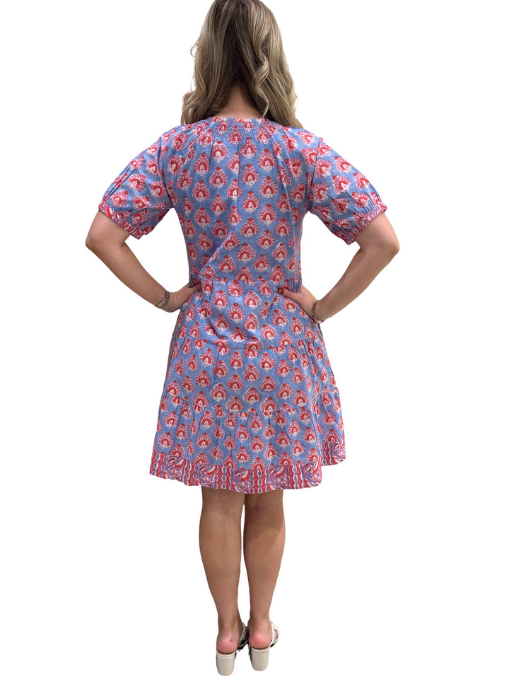 The Dahlia Smocked Neck  Hand Block Printed Cotton Dress in Blue Red — view 5