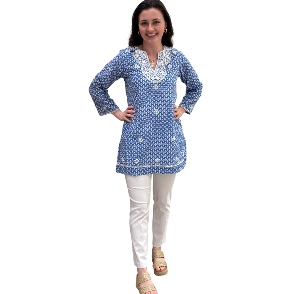 The Key Largo Tunic in Blue and White Petite Floral Hand Blocked — view 2