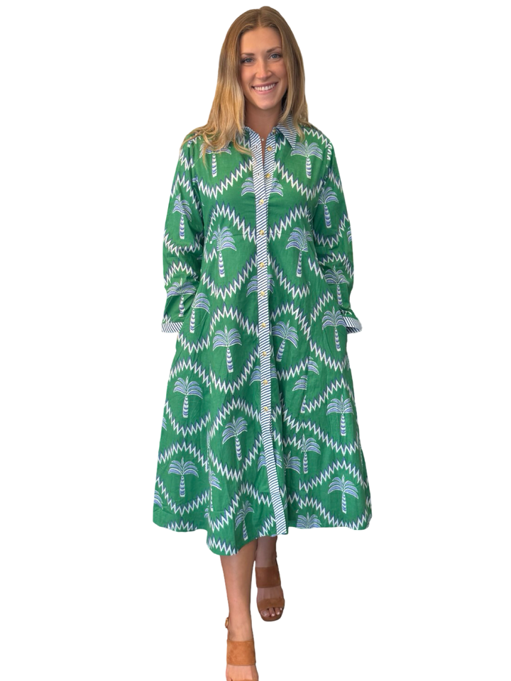 The Marion Button Front Dress in Green Blue Palm Print Cotton