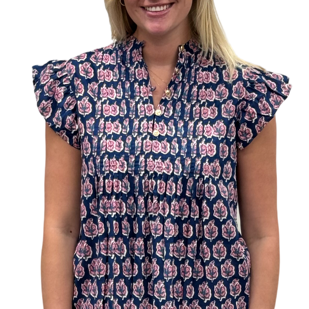 The Ava Pin Tuck Flutter Sleeve Top in Navy and Pink Floral — view 3