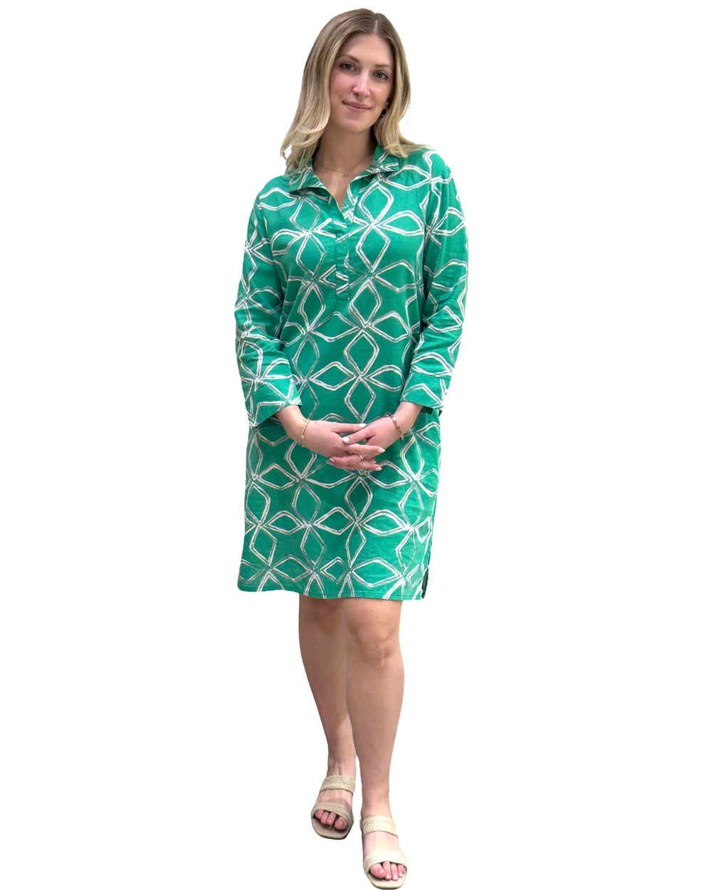 The Lisette Cotton Dress in Parakeet Green and White — view 2