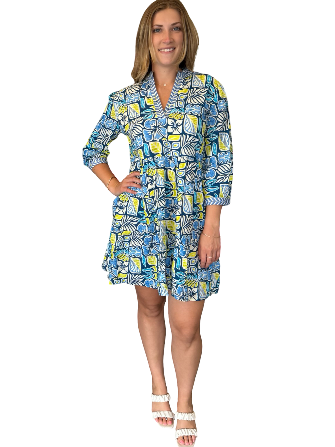 The Daniella Embroidered Trim 3/4 Sleeve Dress in Blue Green Multi — view 3