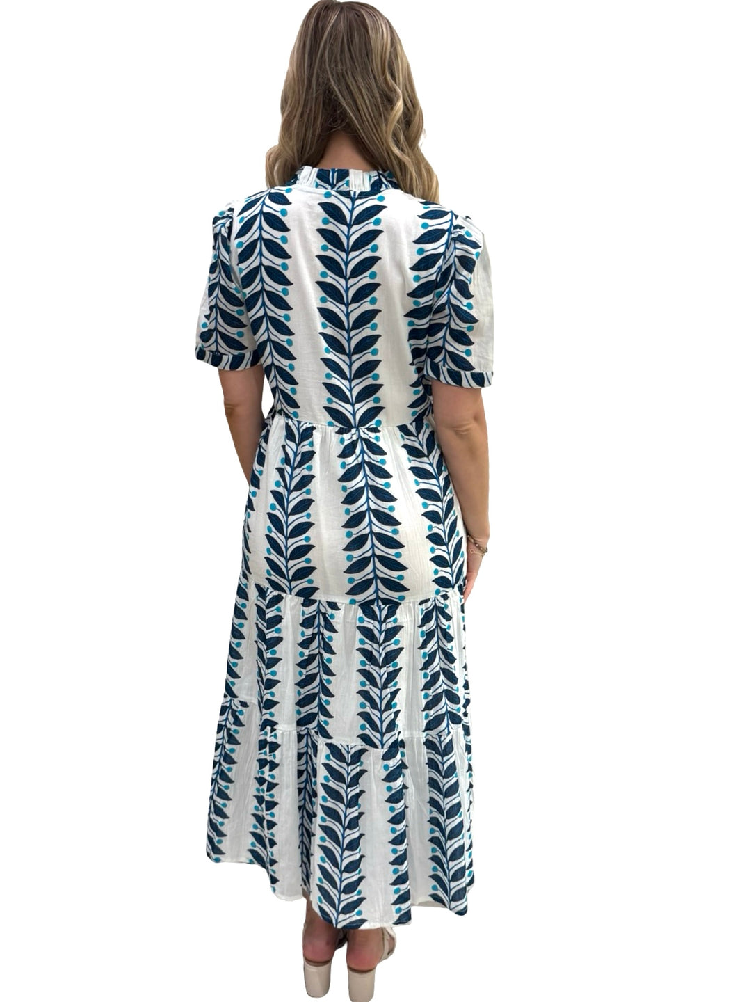 The Campbell Short Sleeve Cotton Dress in Blue Vine Print — view 5