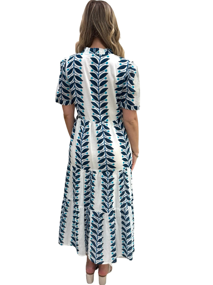 The Campbell Short Sleeve Cotton Dress in Blue Vine Print — view 5