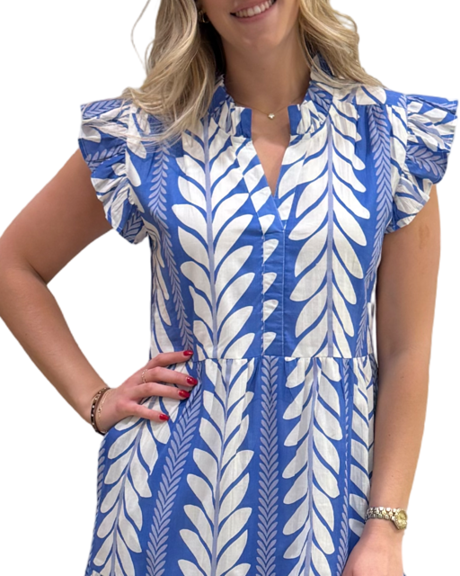 The Campbell Flutter Sleeve Dress in Blue Fern Stripe — view 3