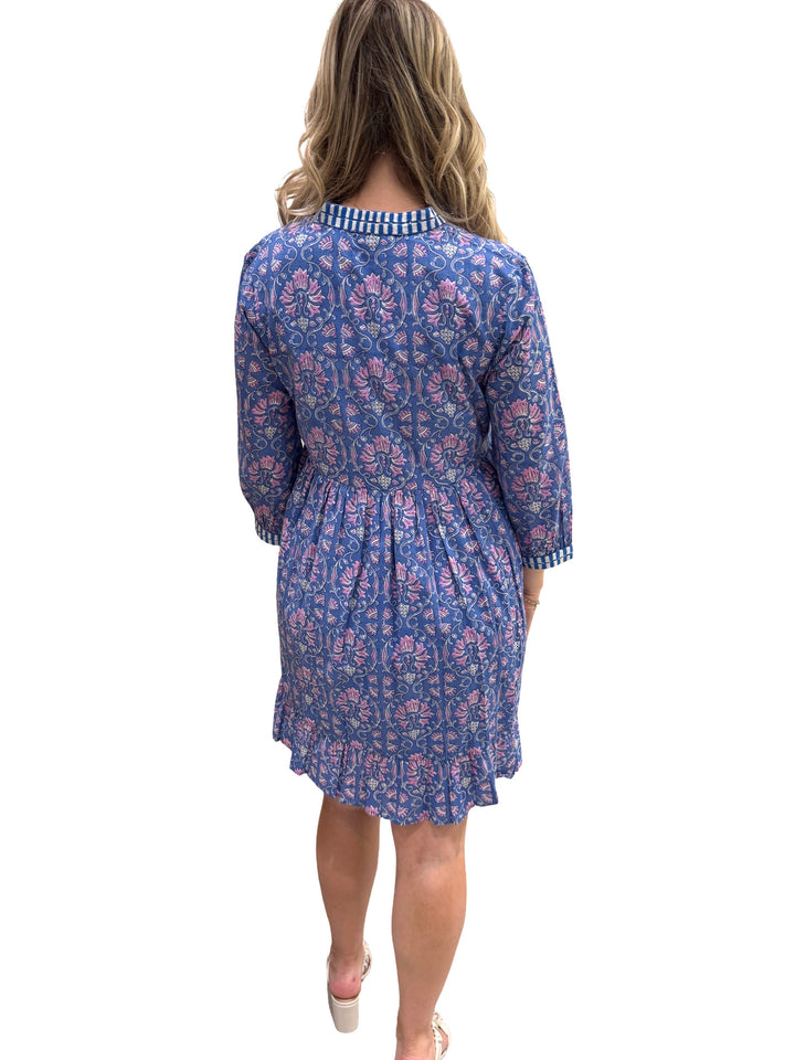 The Morley Embroidered Trim Cotton Hand Block Printed Dress in Blue and Lavender — view 5