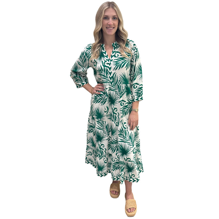 The Campbell Long Classic Fit Dress in Emerald and White Palm Print — view 2