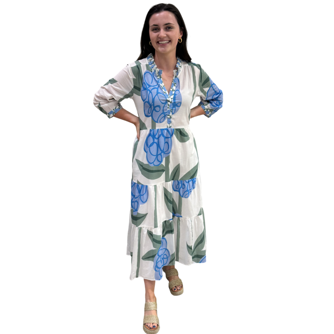 The Campbell Blue Pop Floral 3/4 Sleeve Cotton Dress — view 4
