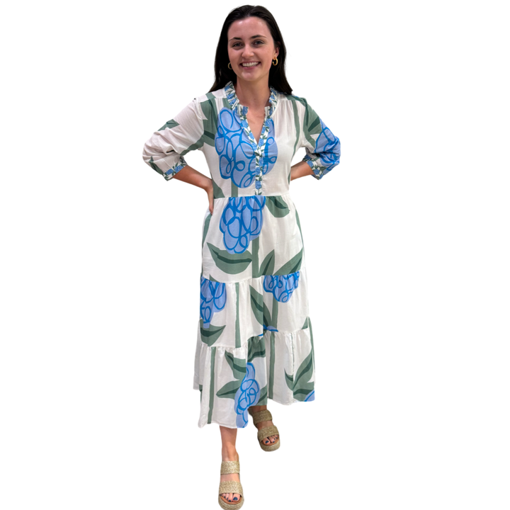 The Campbell Blue Pop Floral 3/4 Sleeve Cotton Dress — view 4