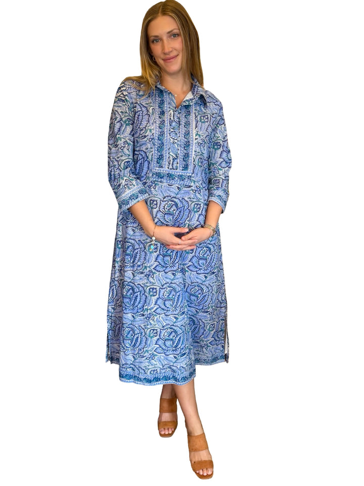 The Annika Long Length Dress in Blue Hand Block Printed Floral