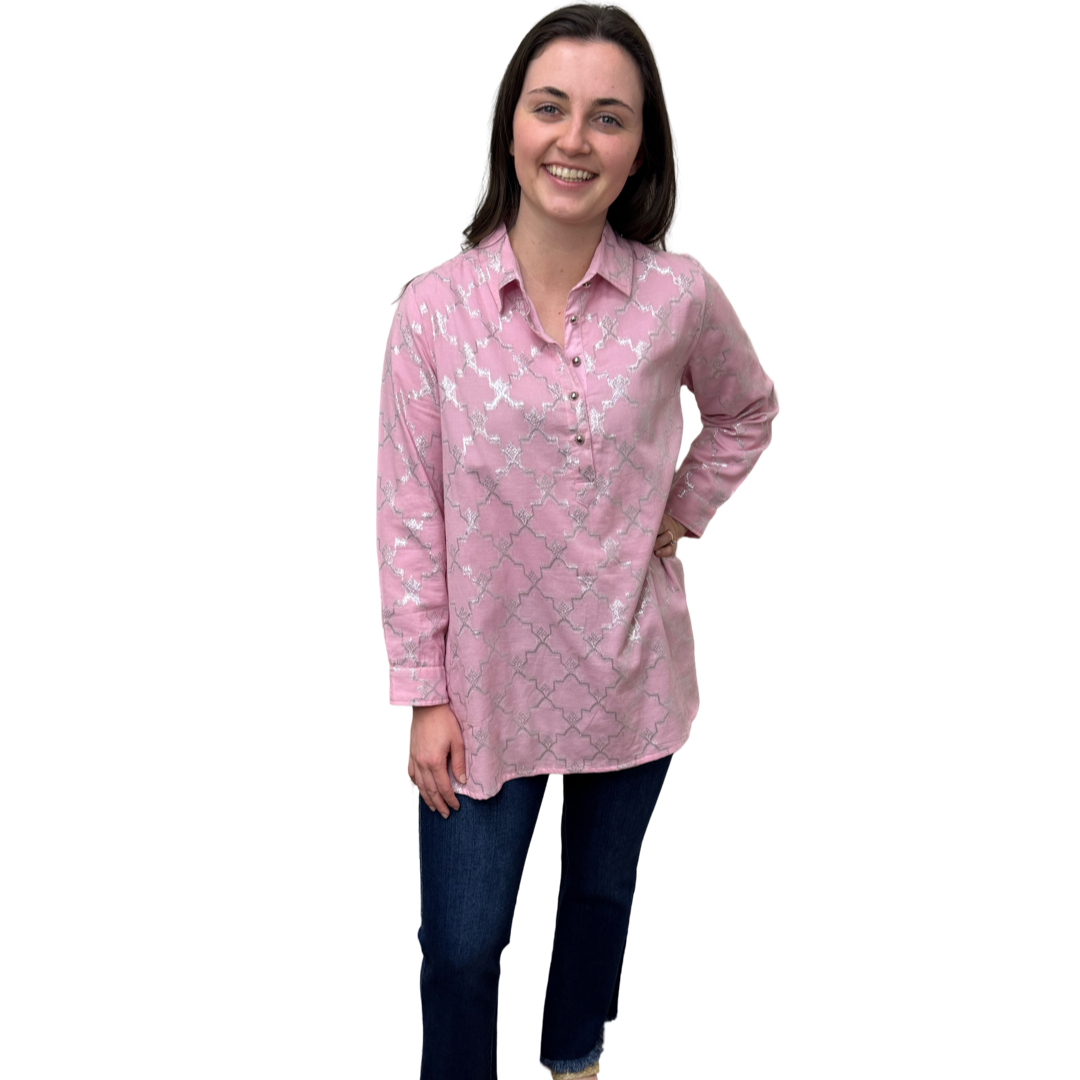 The Harper Easy Fit Top in Soft Pink and Silver Metallic