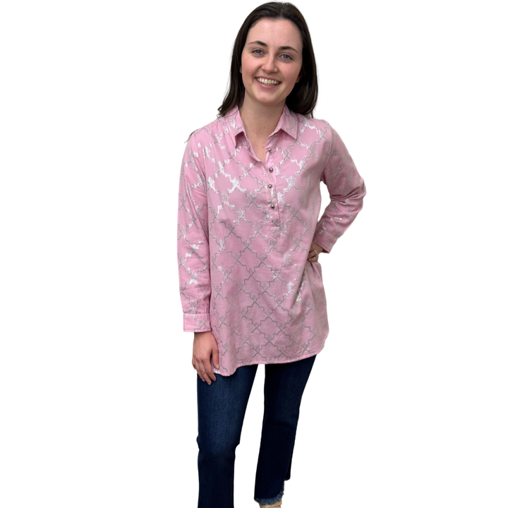 The Harper Easy Fit Top in Soft Pink and Silver Metallic