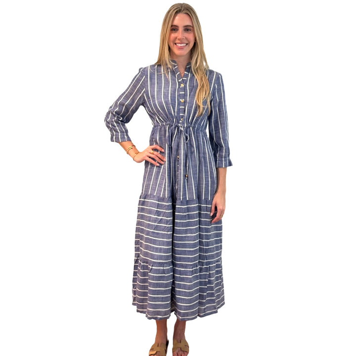 The Hamilton Chambray Stripe Tie Waist Dress in Blue and White — view 4
