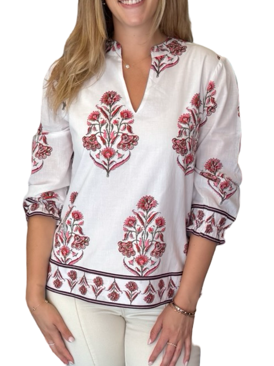 The Melody Cotton Block Print Top in Pink Floral Hand Block — view 2