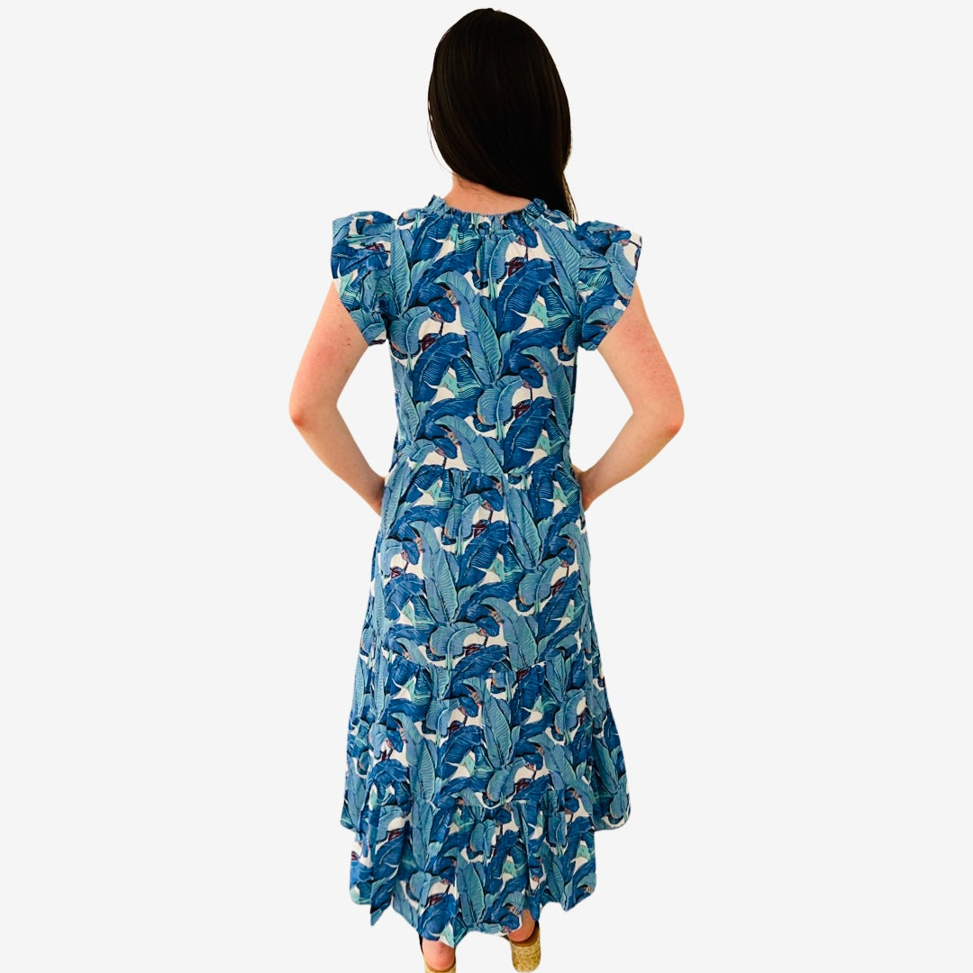 The Tinley Long Length Dress in Blue Palm Leaf Block Print — view 5