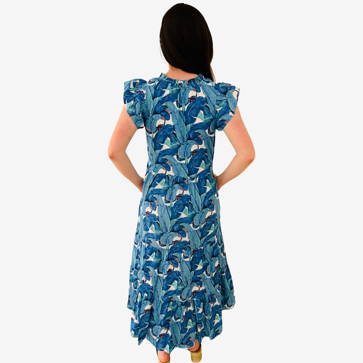 The Tinley Long Length Dress in Blue Palm Leaf Block Print — view 5