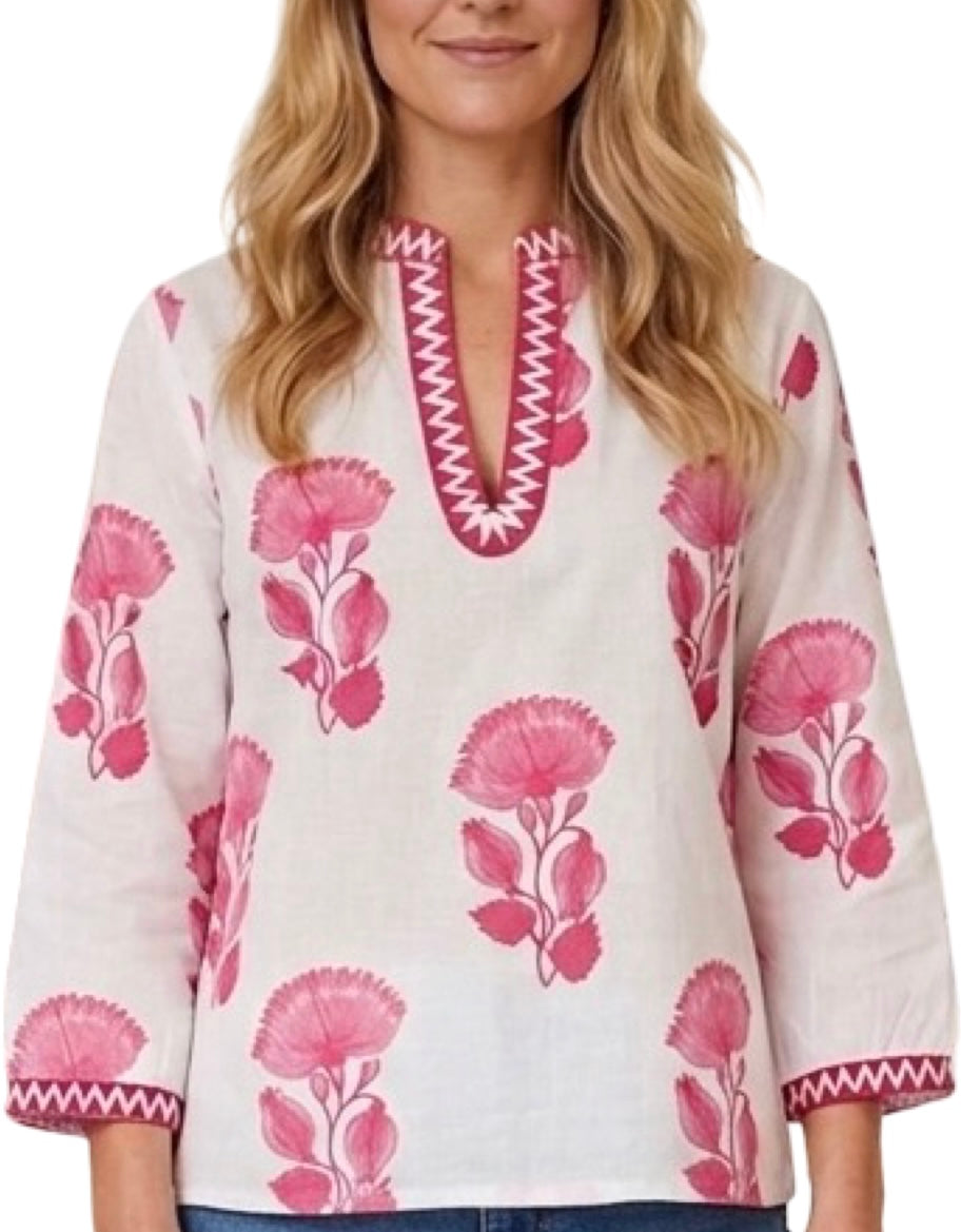 The Kelsea Embroidered Trim Top in Pink White Block Printed Lotus Floral — view 2