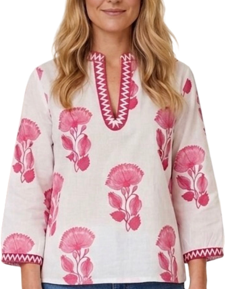 The Kelsea Embroidered Trim Top in Pink White Block Printed Lotus Floral — view 2