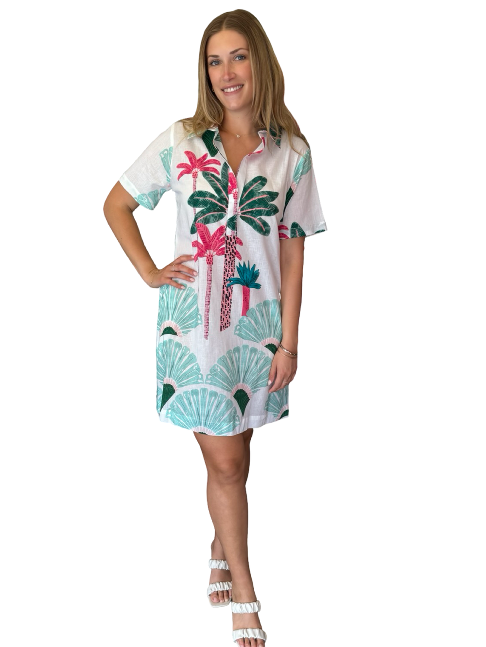 The Annika Short Sleeve Cotton Palm Print Dress — view 2