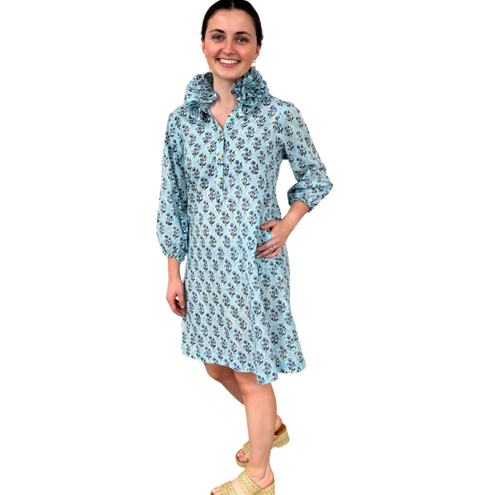 The Maria Ruffle Neck Dress in Aqua Floral Hand Blocked Cotton — view 3