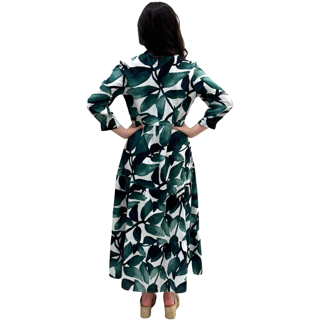 The  Hamilton Tie Waist Dress in Topiary Green Palm Print — view 6