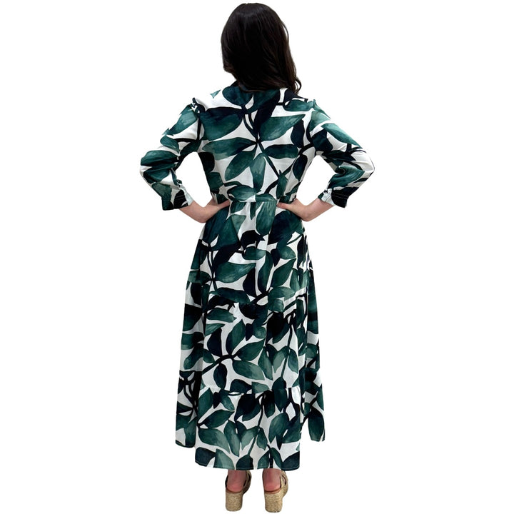 The  Hamilton Tie Waist Dress in Topiary Green Palm Print — view 6