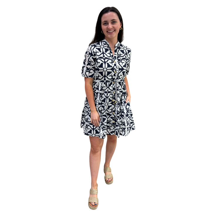 The Hamilton Navy White Short Sleeve Cotton Tie Front Dress — view 3