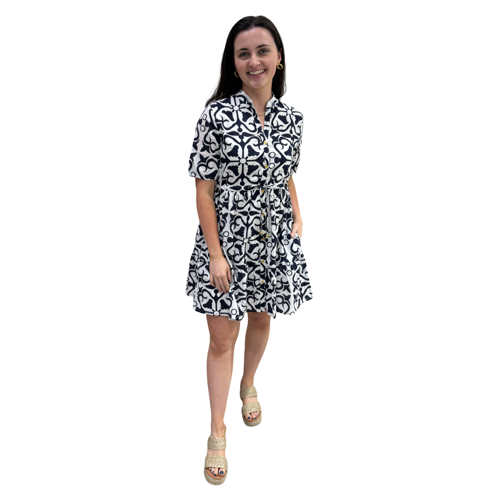 The Hamilton Navy White Short Sleeve Cotton Tie Front Dress
