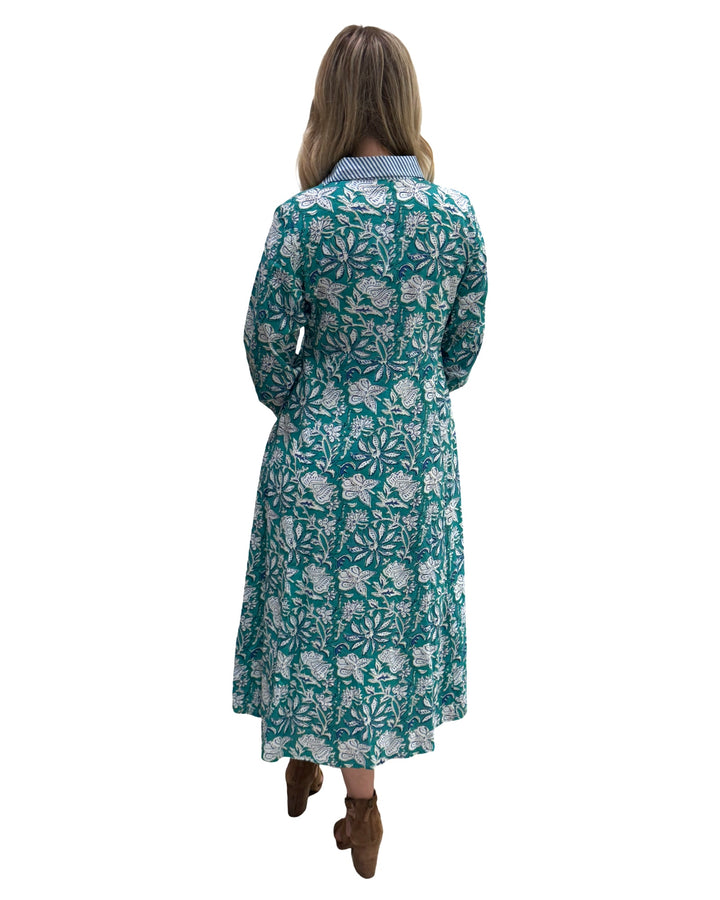 The Marion Hand Block Printed Button Front Dress in Green and Blue Floral — view 5