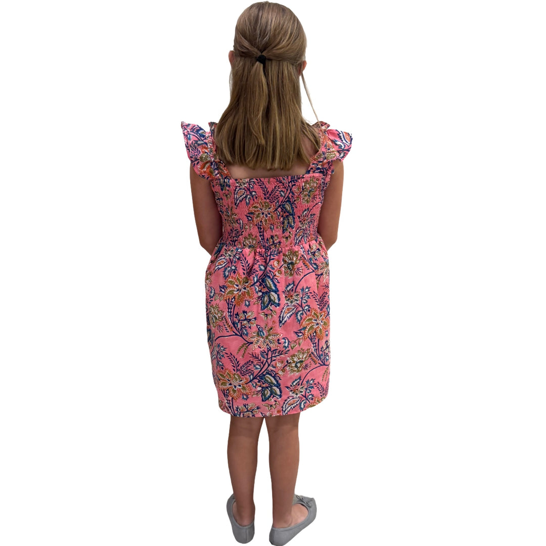 The Cloey Smocked Hand Block Printed Dress for Girls in Pink Floral — view 4
