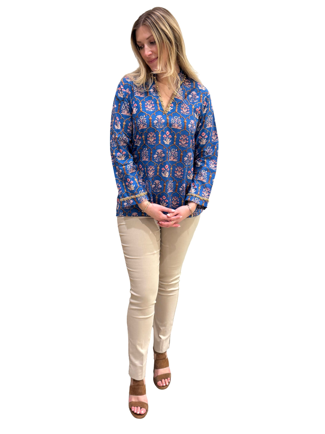 The Winslow Gold Bead Trim Tunic in Blue