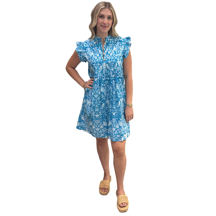 The Maggie Flutter Sleeve Dress in Turquoise and White — view 4