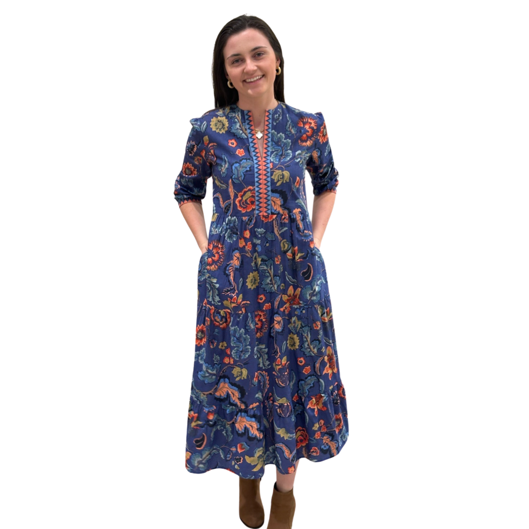 The Daniella Embroidered Trim Dress in Sunset Floral Hand Block Print