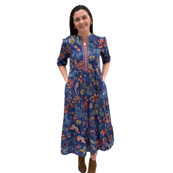 The Daniella Embroidered Trim Dress in Sunset Floral Hand Block Print