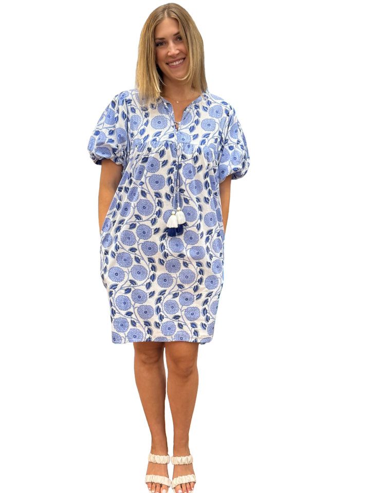 The Poppy Dress in White Blue Hand Block Floral — view 4