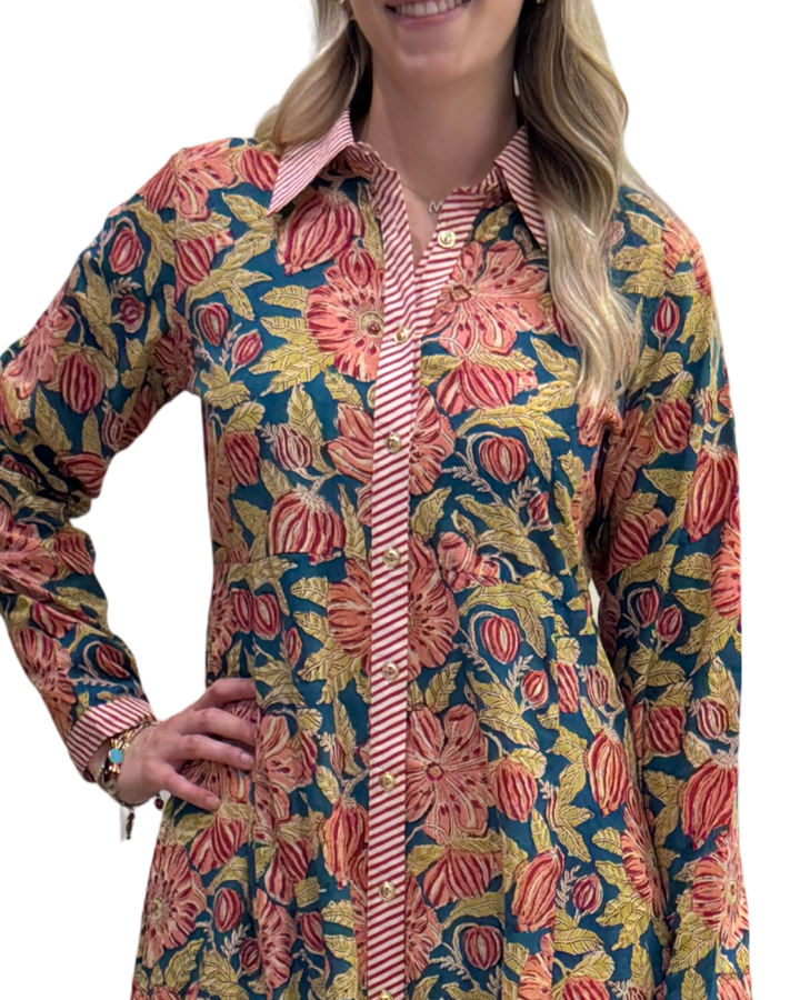 The Marion Hand Block Printed Button Front Dress in Green Red Floral — view 3