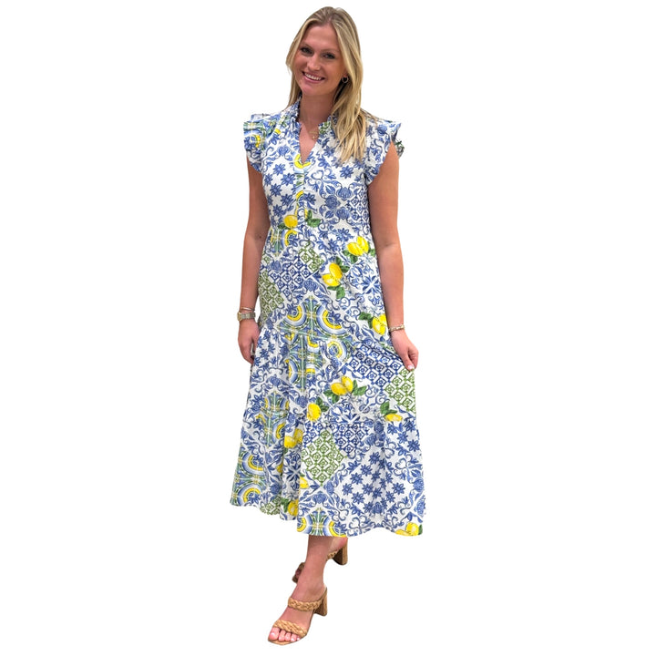 The Campbell Flutter Sleeve Dress in Blue Lemon