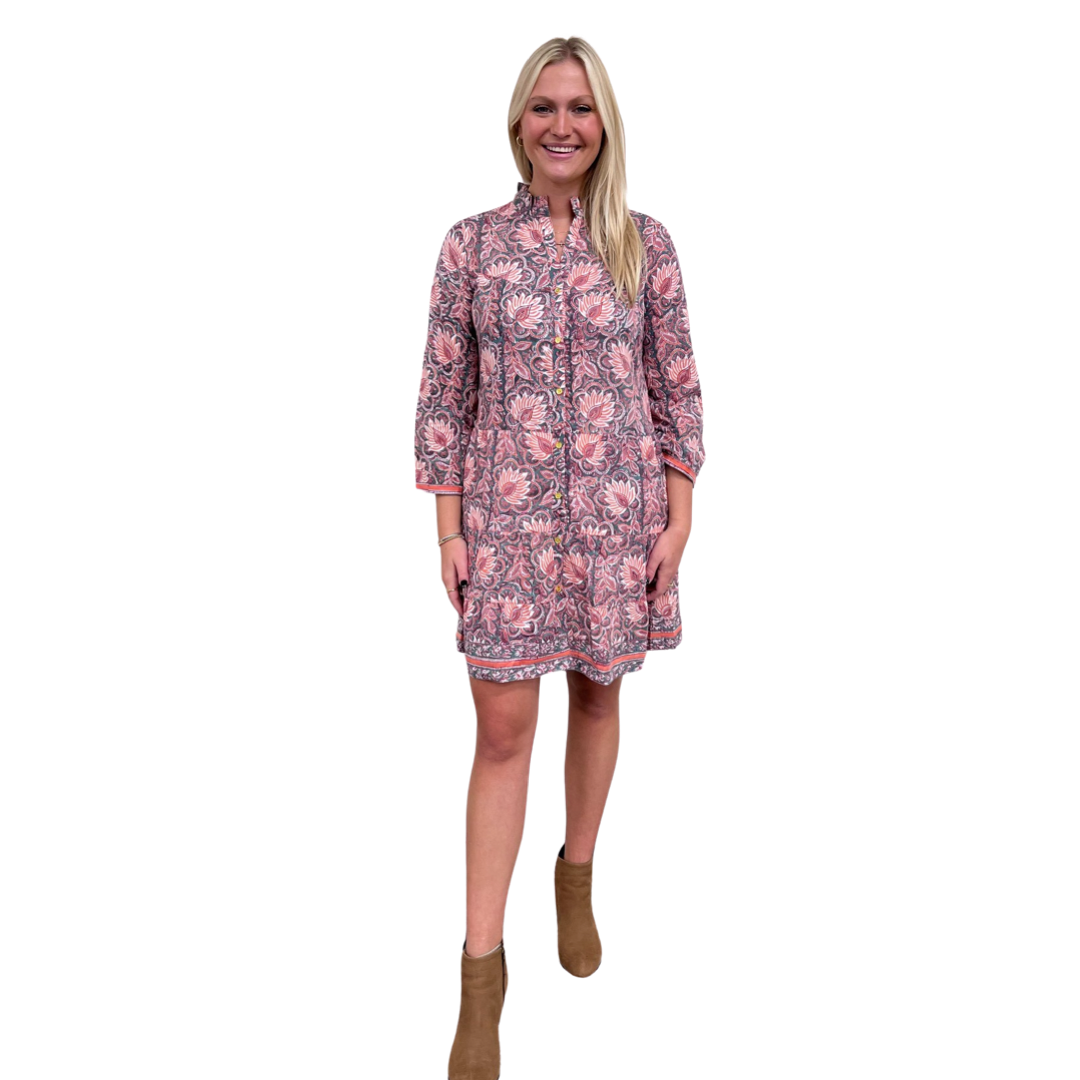 The Lacey Button Front Block Print Dress in Orange Green Floral
