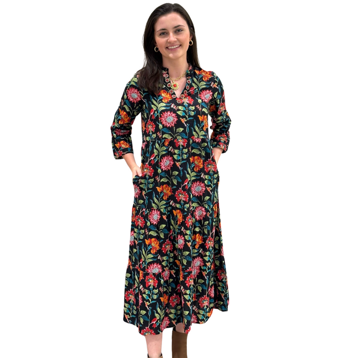 The Camilla Long Notch Collar Dress in Midnight Floral — view 2