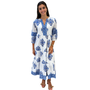 The Evie Long Dress in Blue and White Border Trimmed Floral Hand-Block Printed Cotton