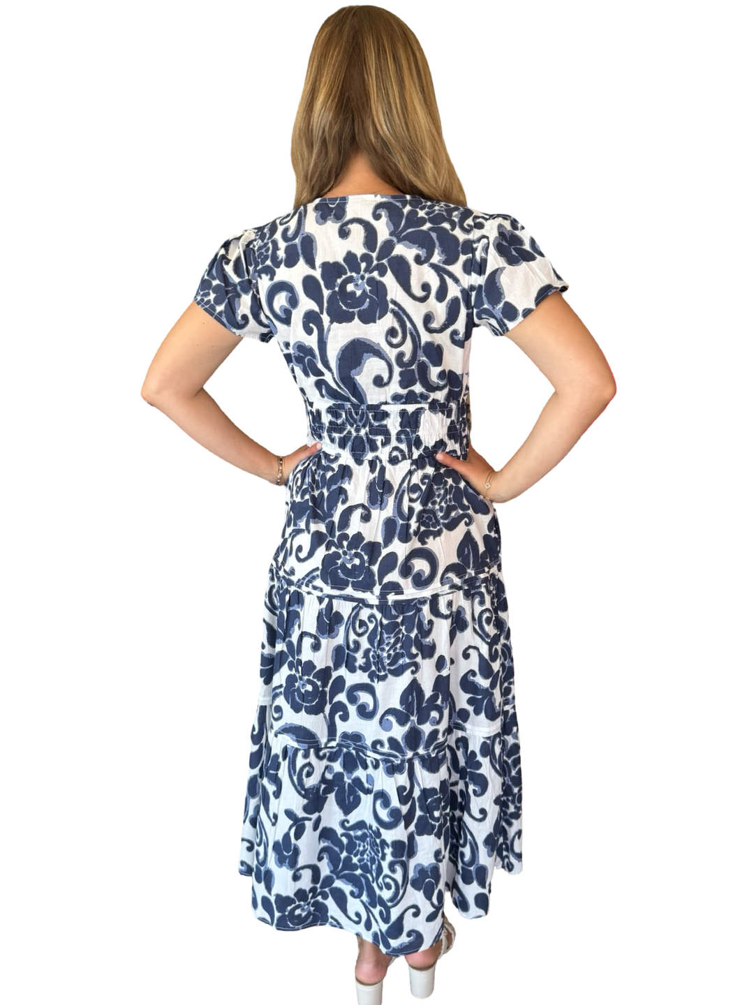 The Sydney Cinch Waist Dress in Blue Floral — view 5