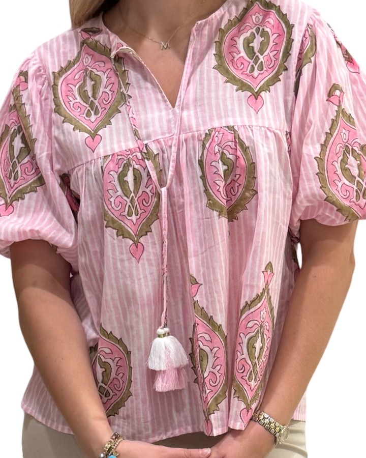 The Poppy Puff Sleeve Top in Pink and Mocha Hand Block — view 7