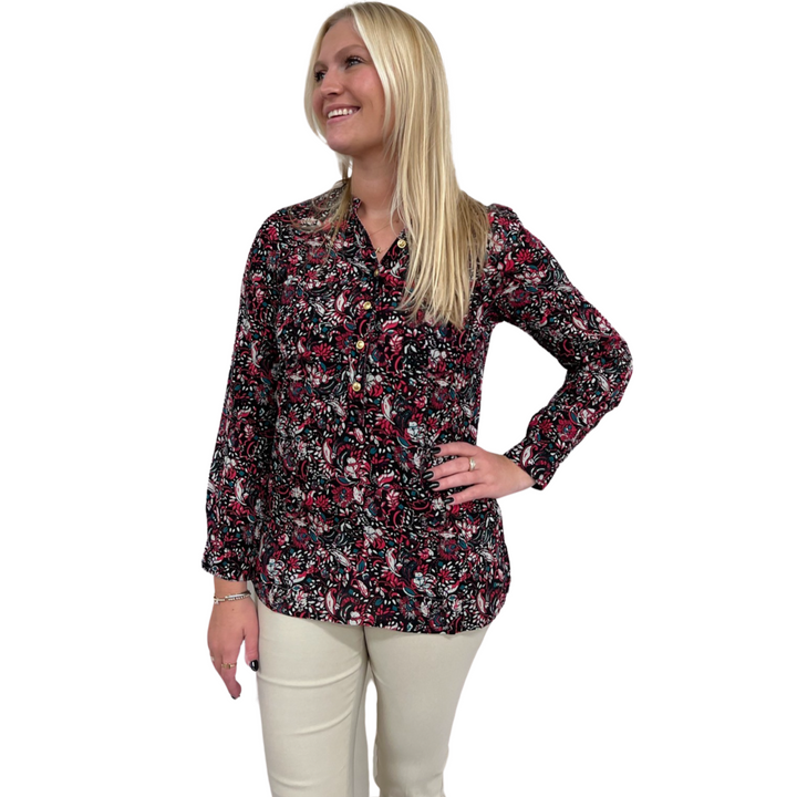 The Gretchen Button Front Top in Black and Cranberry Floral Rayon Crepe — view 3