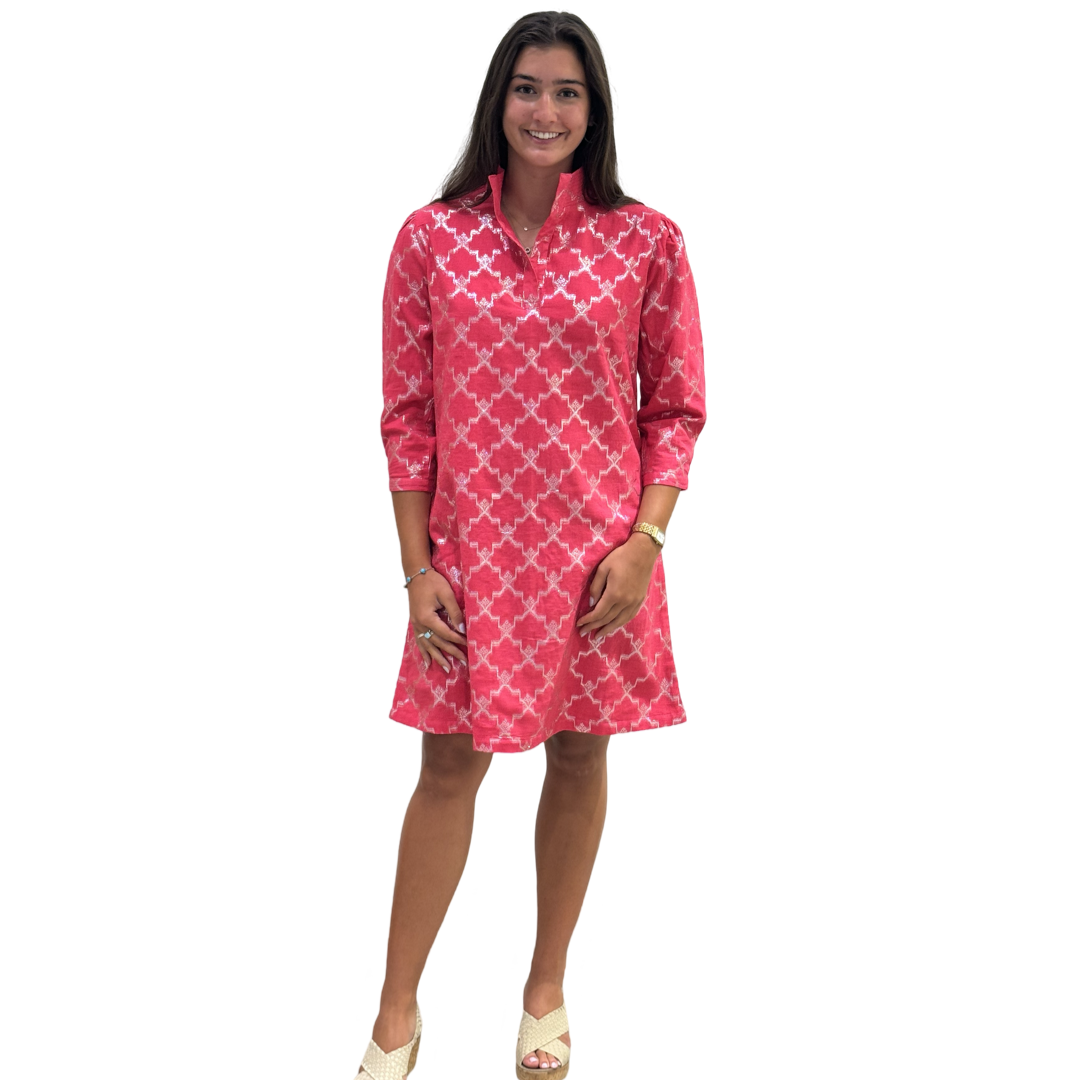 The Shipley Stand-Up Collar Dress in Hot Pink and Silver — view 3