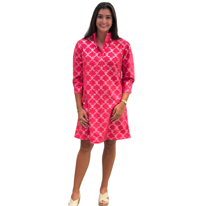 The Shipley Stand-Up Collar Dress in Hot Pink and Silver — view 3