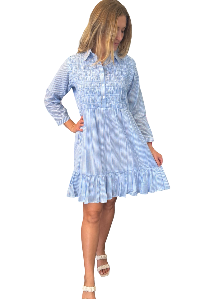 The Tasha Smocked Front Dress in Blue White Stripe