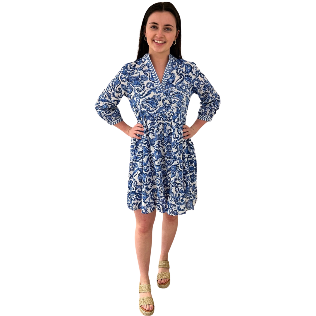 The Morley Cotton Embroidered Trim Dress in Blue and White — view 2
